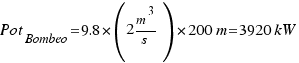 Pot_Bombeo=9.8*(2 m^3/s)*200 m = 3920 kW