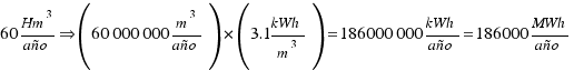 60 Hm^3/año doubleright (60 000 000 m^3/año) *( 3.1kWh/m^3)= 186 000 000 kWh/año=186 000 MWh/año